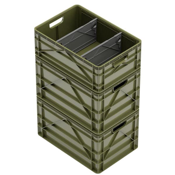Crate Basic Pack 2 Full-Size and 1 Half-Size Heavy Duty Stackable Storage Bins with Dividers Green