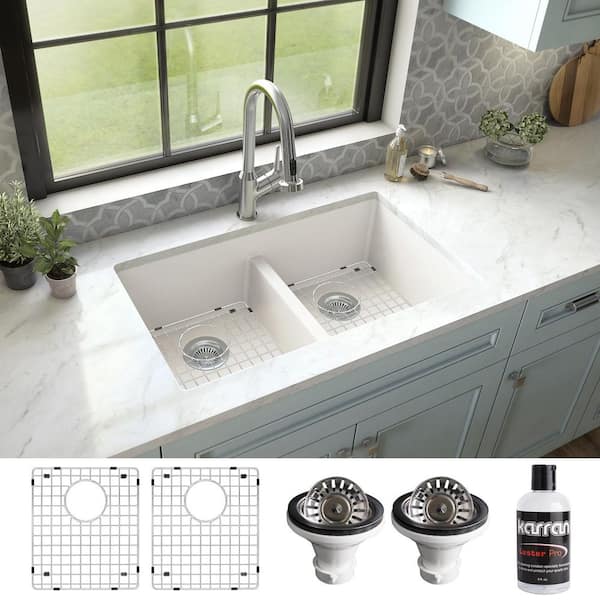Karran QU-810 Quartz/Granite 32 in. Double Bowl 50/50 Undermount Kitchen Sink in White with Bottom Grid and Strainer