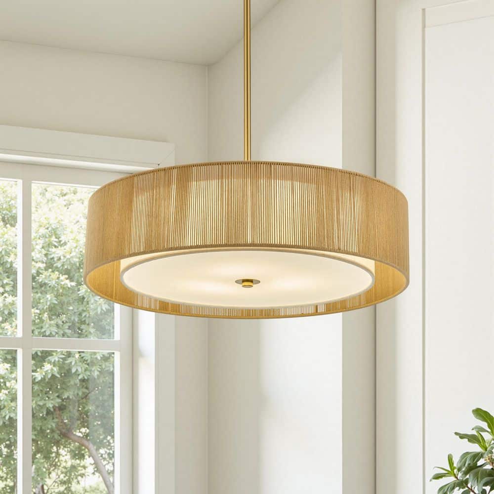 3-Light Brushed Brass Brown Woven Fabric Drum Pendant Design Chandelier for Dinning Room Foyer with No Bulbs Included price history on PriceWatchPro