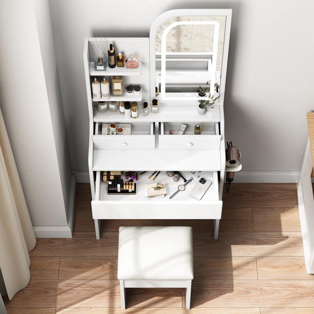 White Makeup Vanity Set with Chair, 3 Color Lighting Brightness