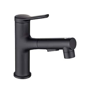 Modern Solid Brass Single Handle Single Hole Bathroom Faucet with Pull Out Sprayer in Black