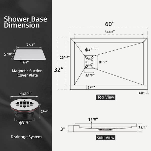 Siba 60 in. L x 32 in. W Alcove Shower Pan Base with Left Drain in White Acrylic Non-Slip Single Threshold RV/Bathroom