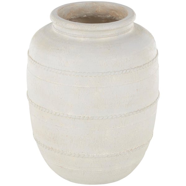 Litton Lane Cream Distressed Magnesium Oxide Decorative Vase with Raised Braided Accents