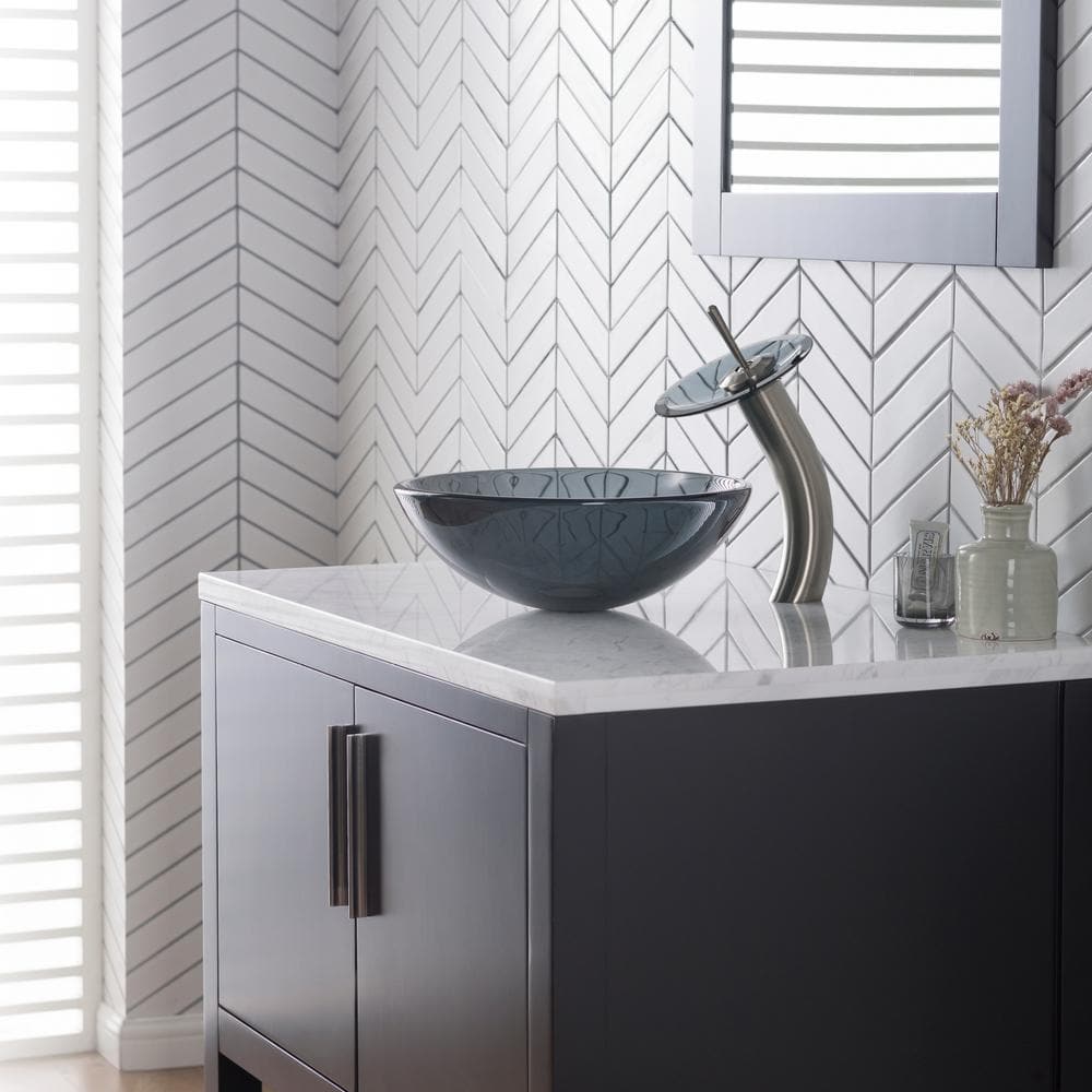 Satin Nickel Single Hole Vessel Faucet with Frosted Glass Disk