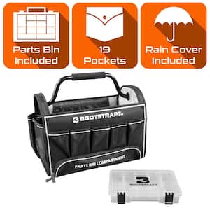 18 in. Contractor's Tote Bag with Integrated Parts Bin Compartment and Waterproof Rain Cover