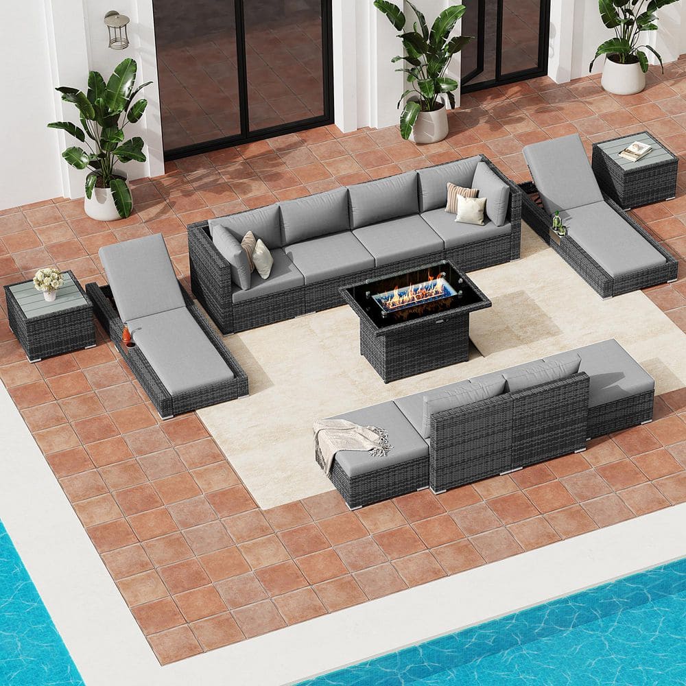 13-Piece Patio Furniture Set with Fire Pit Table, Chaise Lounge Wicker Outdoor Sectional Conversation Set, Light Gray price history on PriceWatchPro