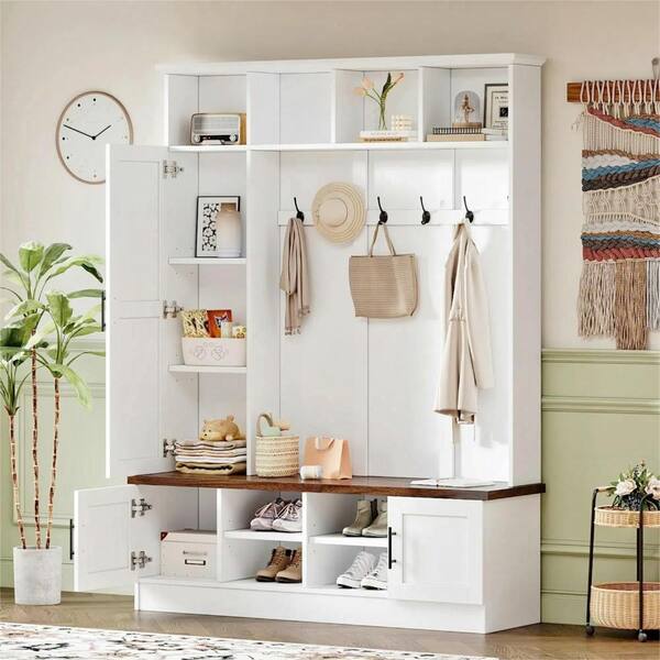 UOI White Particle Board Hall Tree with 6 Hooks, 3 Cabinets