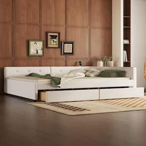 Beige Wood Frame Queen Platform Bed with USB and 2-Drawers