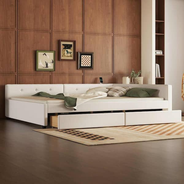 Beige Wood Frame Queen Platform Bed with USB and 2-Drawers