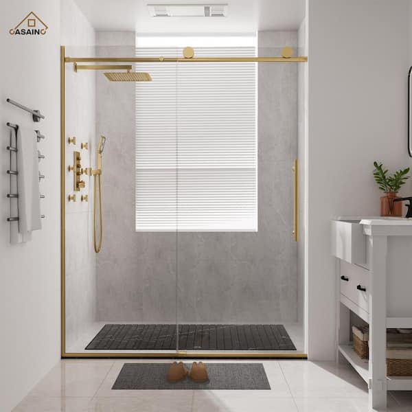 CASAINC 60 in. W x 76 in. H Sliding Frameless Shower Door in Brushed Gold Finish with Soft-Closing Clear Laminted Glass