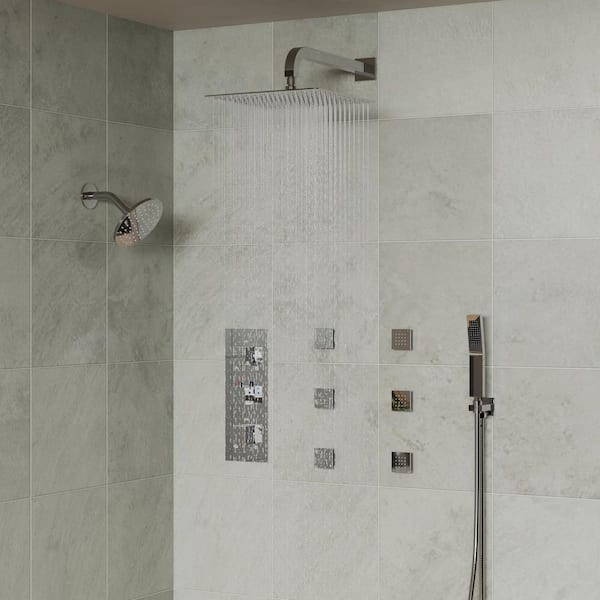 8-Spray Patterns-12 and 6 in. 2.5 GPM Square Wall Mount Dual Shower Handheld Shower Head in Chrome