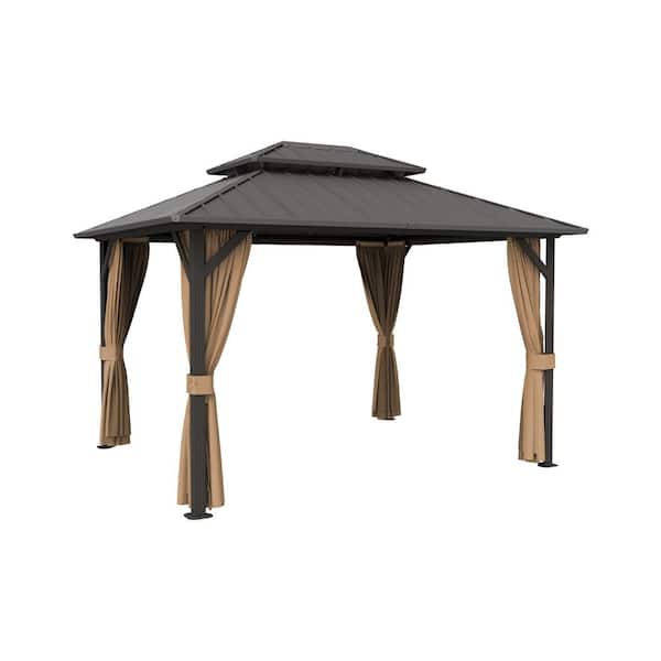 10 ft. x 12 ft. Aluminum Hardtop Gazebo with Double Galvanized Steel Roof, Netting and Curtains for Patio and Backyard