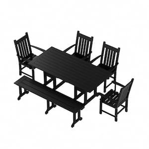 Hayes 6-Piece HDPE Plastic Outdoor Patio Rectangle Table Dining Set with Bench and Armchairs in Black