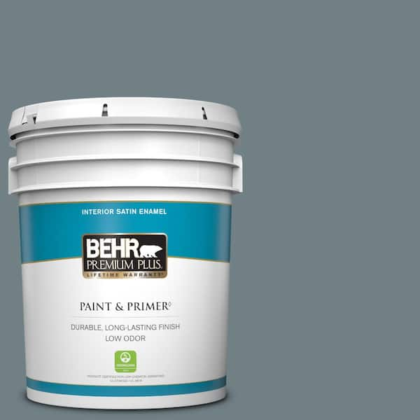 BEHR PREMIUM PLUS 5 gal. #BXC-48 Courtyard Blue Satin Enamel Low Odor Interior Paint & Primer