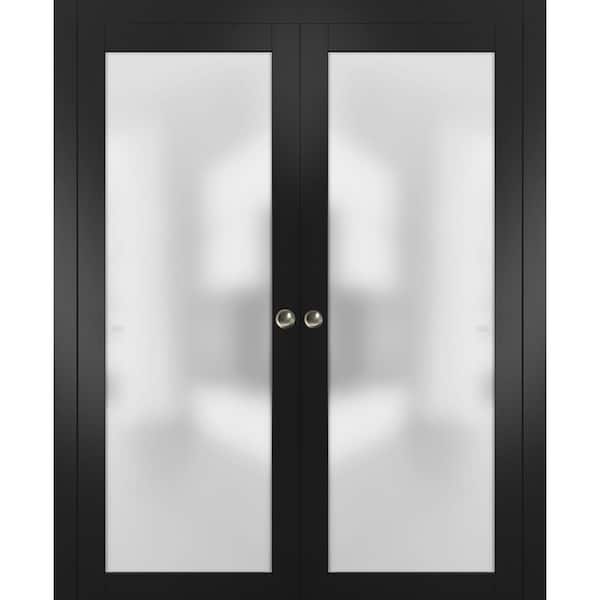 Sartodoors 64 in. x 96 in. 1-Panel Black Finished Solid Wood Sliding Door with Double Pocket Hardware