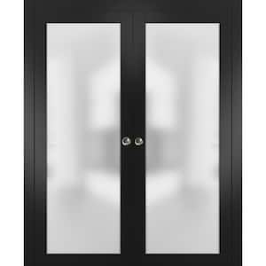 48 in. x 80 in. 1-Panel Black Finished Solid Wood Sliding Door with Double Pocket Hardware