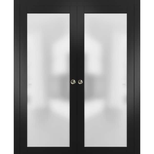 Sartodoors 60 in. x 84 in. 1-Panel Black Finished Solid Wood Sliding Door with Double Pocket Hardware