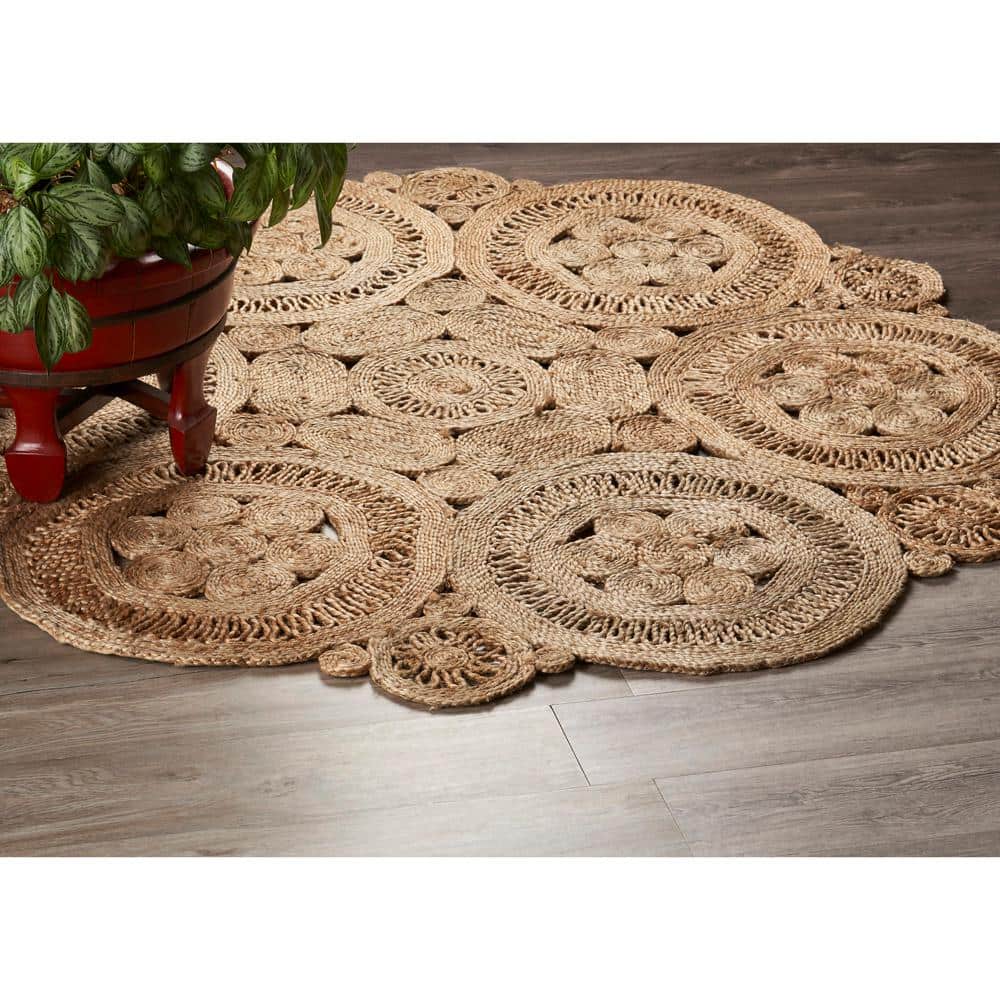 Handmade Geometric Blue Braided Round Rug, Stain-Resistant, 48"