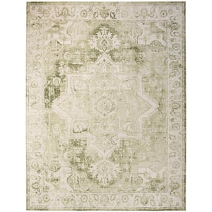 Astra Machine Washable Ivory Green 9 ft. x 12 ft. Center medallion Traditional Area Rug