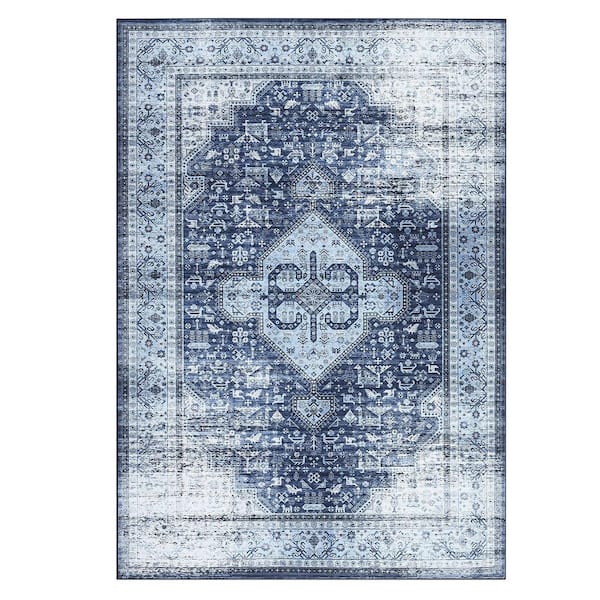 Machine Washable Carpet Retro Print Rug Anti-fouling and Anti-slip for Bedroom Living Room Office Blue，9*12ft