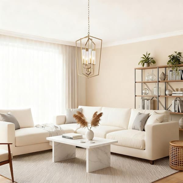 Transitional 4-Light Light Gold Cage Chandelier with Seeded Glass, Farmhouse Island Pendant Light for Dining Room, Foyer