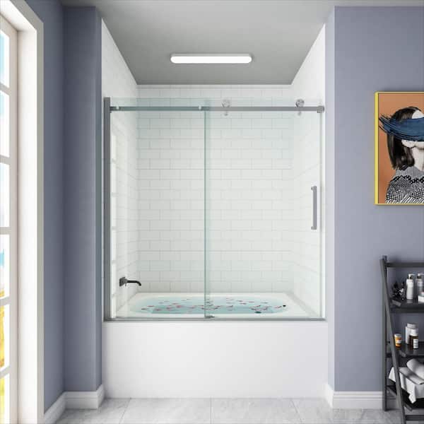 HOROW 55 in. - 59 in. W x 60 in. H Contemporary Single Sliding Frameless Bathtub Door in Brushed Nickel with Clear Glass