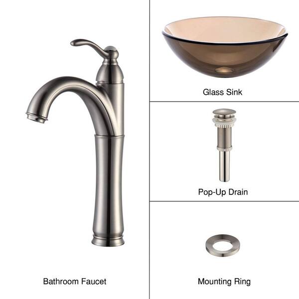 KRAUS Glass Vessel Sink in Brown with Single Hole Single-Handle High-Arc Riviera Faucet in Satin Nickel