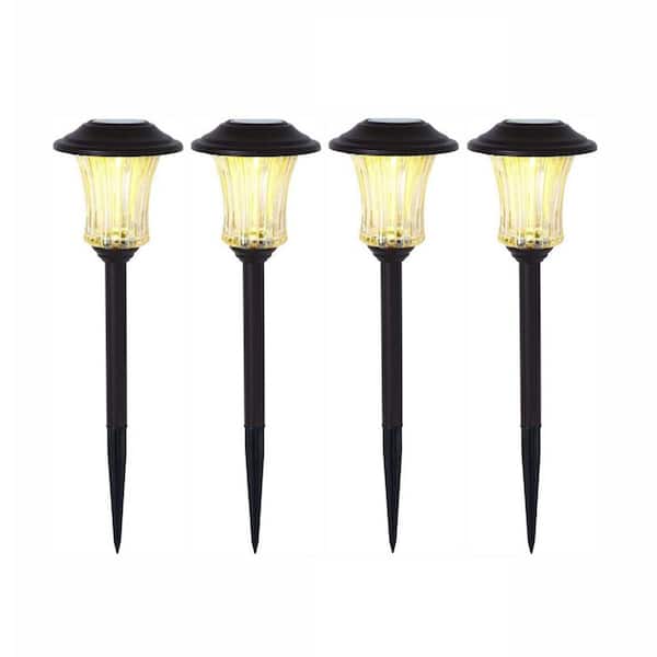 Hampton Bay Solar Bronze Outdoor Integrated LED Landscape Path Light with Champagne Glass (4-Pack)