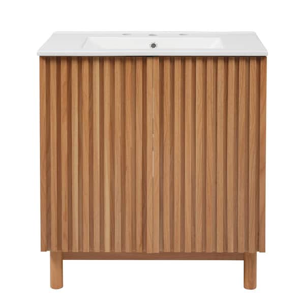 29.9-Inch Traditional Bathroom Vanity with Ceramic Sink, Solid Wood Legs, MDF U-Shaped Adjustable Shelf, Soft-Close Door