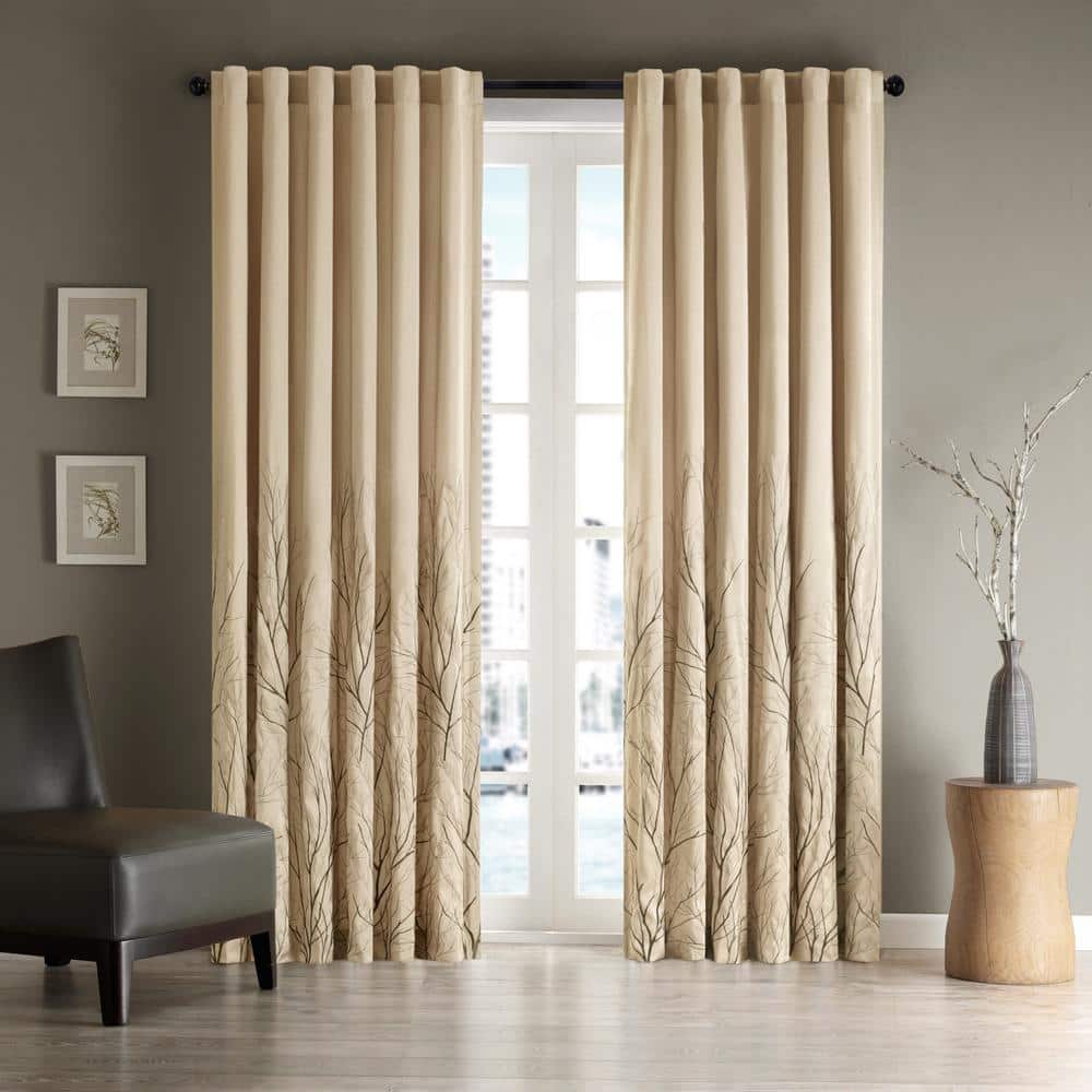 White Faux Silk Embroidered Branch Puddle Length Curtain Panel