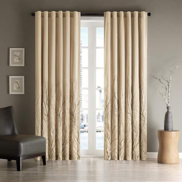 Madison Park Eliza Tan Botanical Polyester 50 in. W x 95 in. L Room Darkening Rod Pocket and Back Tabs Curtain with Lining