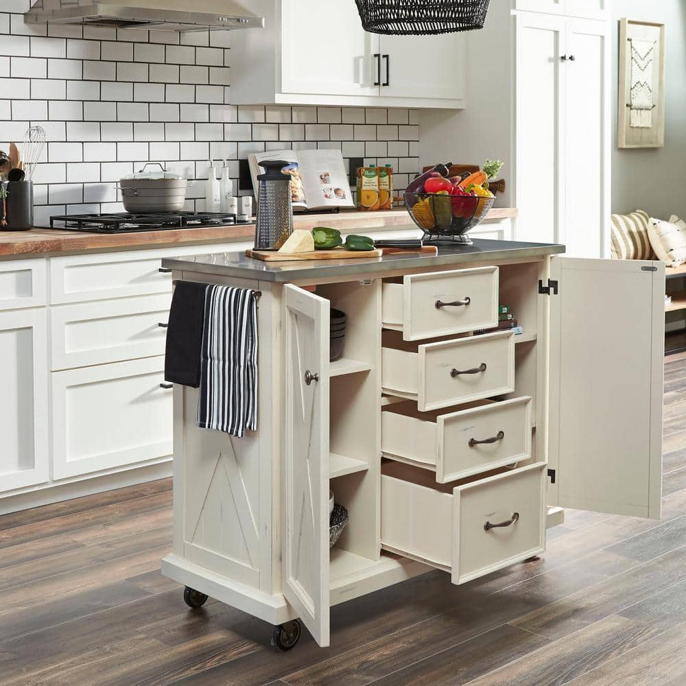 Off-White Rectangular Stainless Steel Top Kitchen Cart with Storage