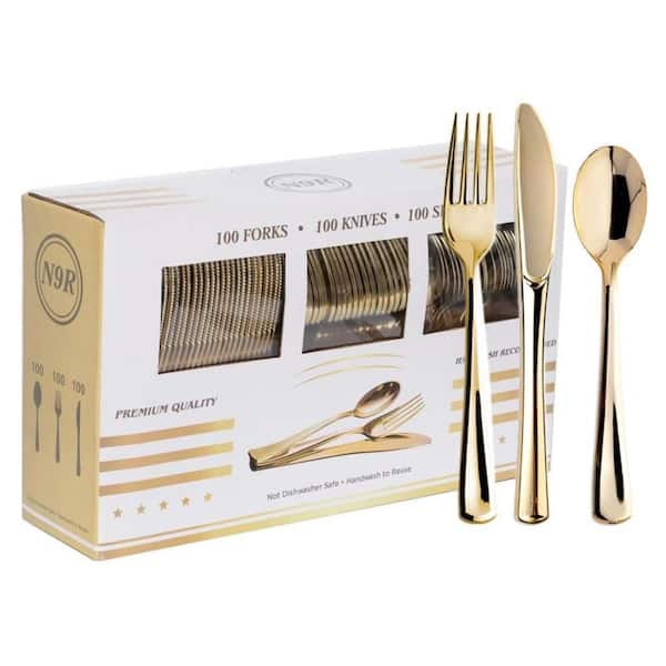 Heat Stain Resistant Glossy Tableware Bundle, 300-Piece, Elegant Gold, Plastic, Kitchen Disposable Dinner Flatware Set