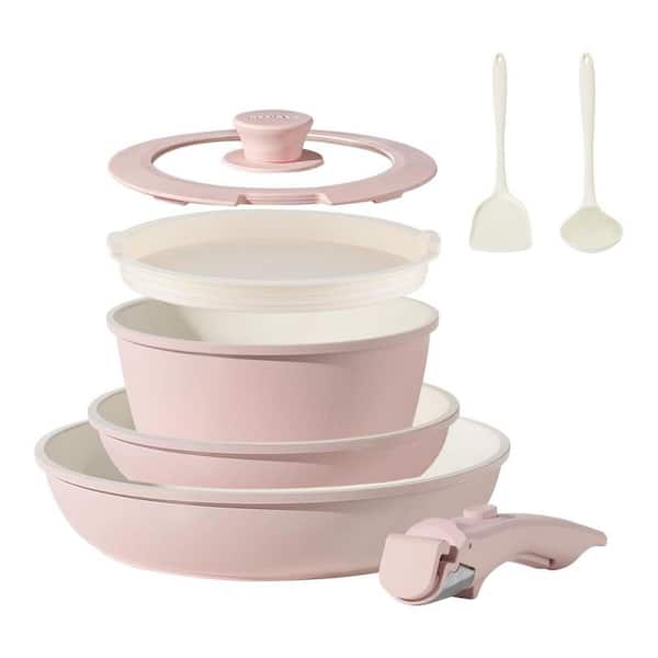 Aluminum 8-Piece Ceramic Nonstick Cookware Set Pink Removable Handle Stackable Non-Toxic Grill Pan