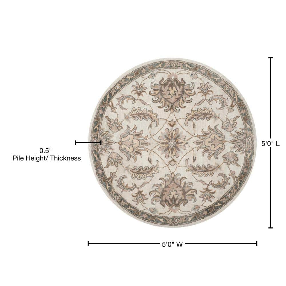 Handmade Ivory Floral Tufted Wool Round Rug, 5' x 5'