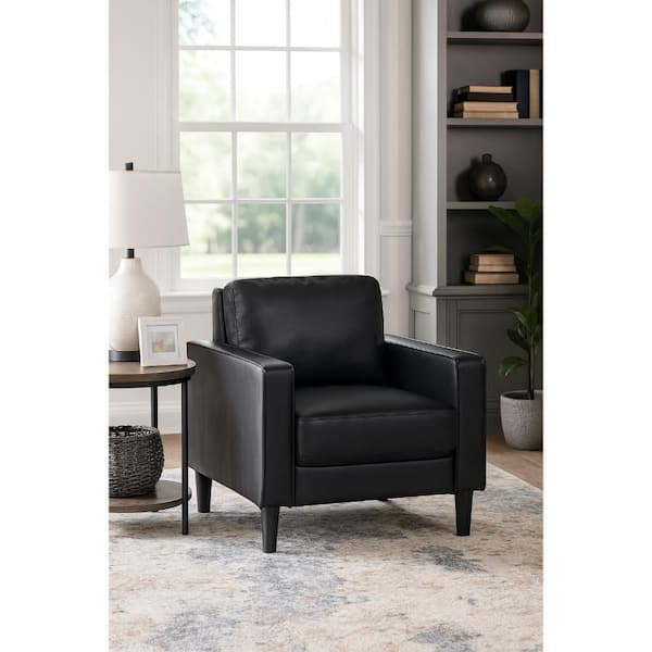 Rumi Black Faux Leather Side Chair with Modern Track Arms and Foam Cushions
