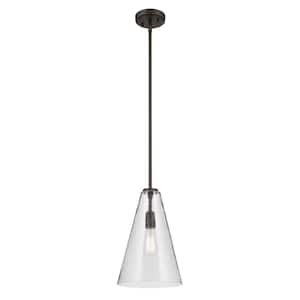 Everly 10.25 in. 1-Light Olde Bronze Modern Shaded Cone Kitchen Hanging Pendant Light with Clear Seeded Glass