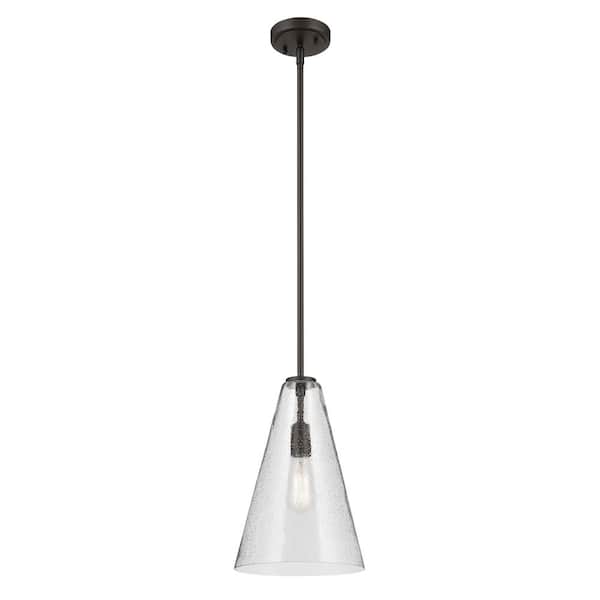KICHLER Everly 10.25 in. 1-Light Olde Bronze Modern Shaded Cone Kitchen Hanging Pendant Light with Clear Seeded Glass