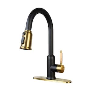 3 Functions Single Handle Pull Down Sprayer Kitchen Faucet with Deckplate in Stainless Steel Black and Gold