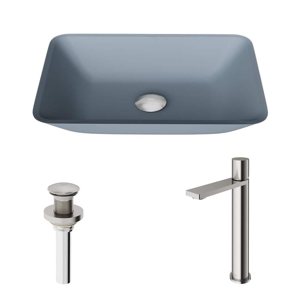 Sottile Blue Glass Rectangular Vessel Sink with Brushed Nickel Faucet