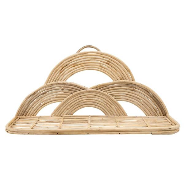 Benjara Brown Rattan Tray Wooden Wall Art with Semicircular Accents