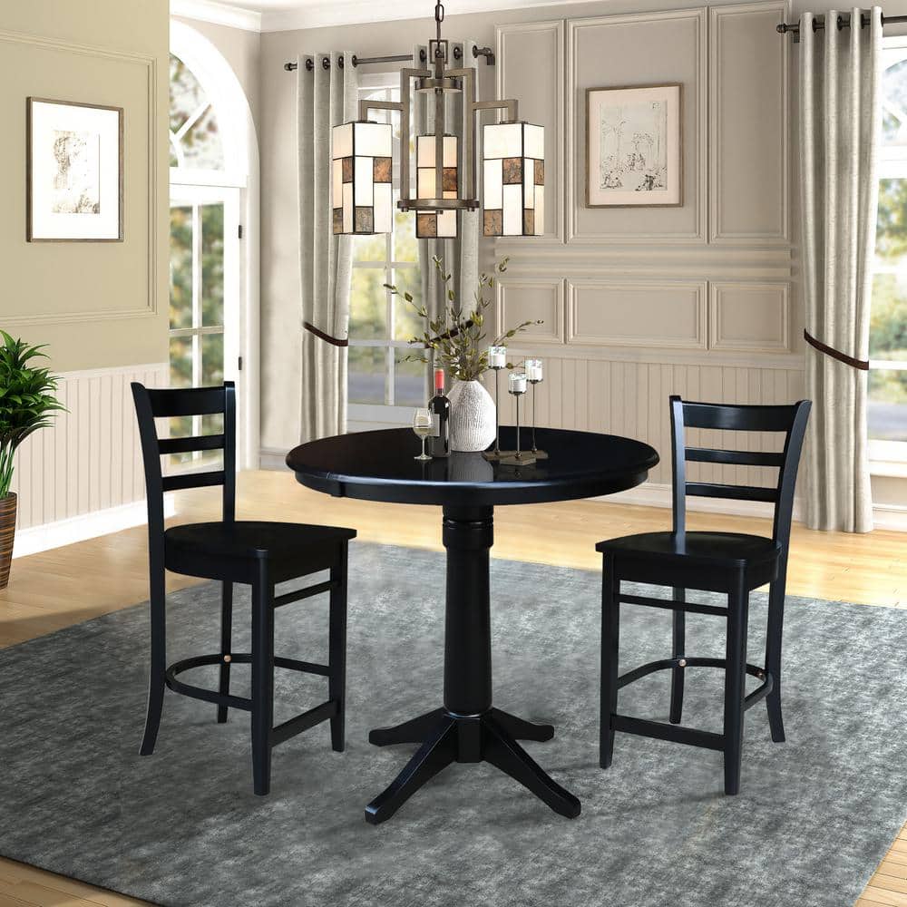 Black Solid Wood Round Pedestal Table with Two Stools