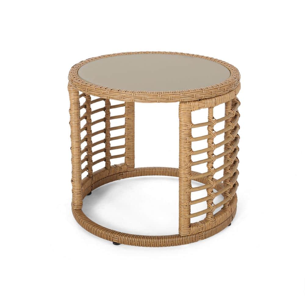 Light Brown Wicker Outdoor Side Table with Tempered Glass Top.