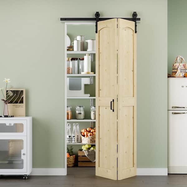 40 in. x 84 in. Arch Panel H Style Solid Core Unfinished Pine Wood Bi-fold Door with Bifold Barn Door Hardware Kit