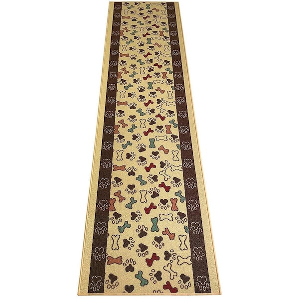 RugStylesOnline Pet Collection Bones & Paws Cut to Size Beige 26 " Width x Your Choice Length Custom Size Slip Resistant Runner Rug