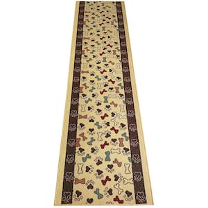 Pet Collection Bones & Paws Cut to Size Beige 26 " Width x Your Choice Length Custom Size Slip Resistant Runner Rug