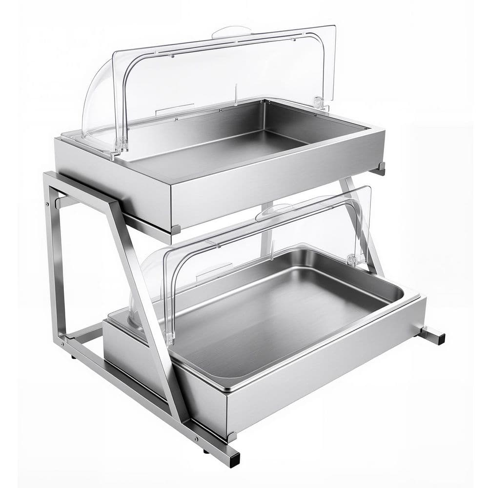 Countertop Food Serving Display Container, Stainless Steel, Buffet Condiment Servers, 2-Tier Tray with Roll-Top Cover price history on PriceWatchPro