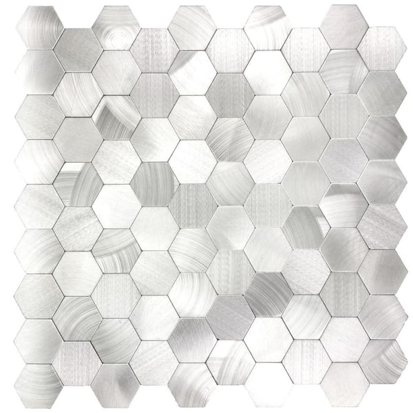 Enchanted Metals Silver Hexagon Mosaic 12 in. x 12 in. Aluminum Metal Peel and Stick Tile (13.5 sq. ft./Case)