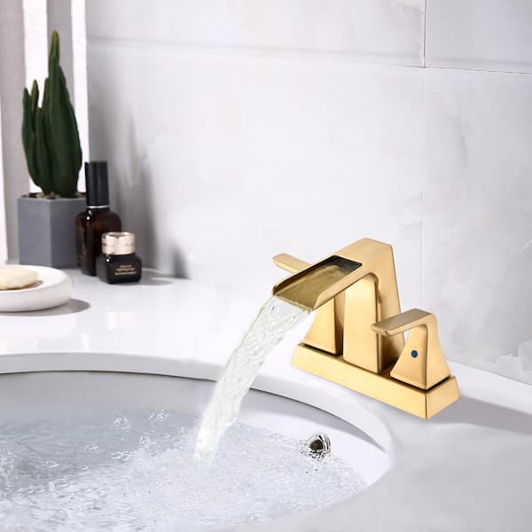 4 in. Centerset 2- Double Handle Waterfall Spout Bathroom Faucet with Pop-Up Assembly in Brushed Gold