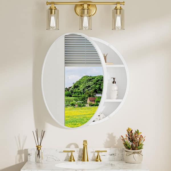 26 in. W. x 26 in. H Round White Metal Framed Surface Mount Medicine Cabinet with Mirror